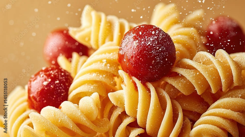 Poster a zoomed-in photo of strawberries sprinkled with powdered sugar on top and bottom of the noodles in 
