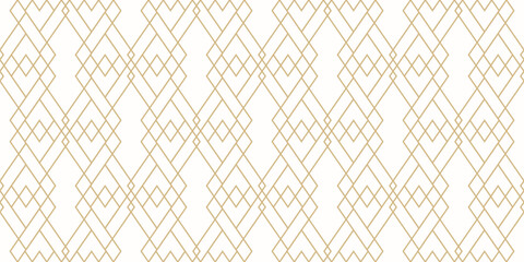 Golden vector geometric lines ornament. Luxury minimalist seamless pattern with diamonds, outline rhombuses, linear grid. Minimal abstract white and gold background. Art deco style. Trendy geo design