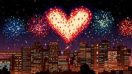 Colorful Pixel Hearts Illuminate the Night Sky Over the City