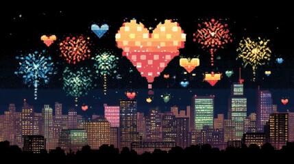 Pixel Hearts Light up the Night Sky Over a Vibrant Cityscape