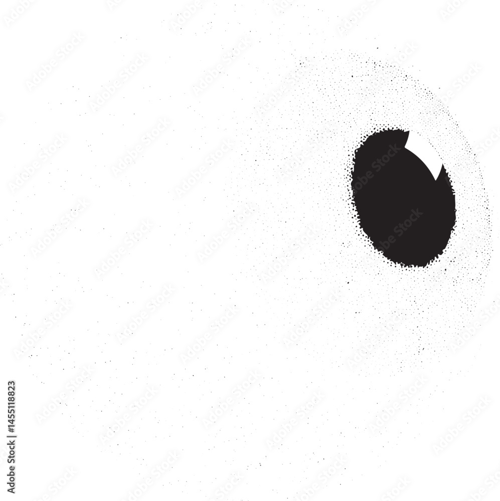 Poster a large dark circle dominates a field of small white dots against a plain background.
