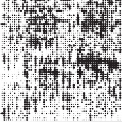 A dense abstract portrait composed of numerous small black dots forms a human face.