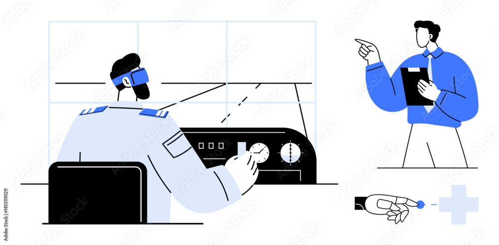 Aufkleber pilot adjusts control panel in cockpit with instructor pointing and clipboard in hand. emphasizes re