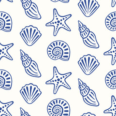 Sea shells seamless pattern. Marine background with shellfishes, sinks and starfishes. Hand draw design for wrapping paper, wallpaper, fabric, textile and etc. Vector illustration.