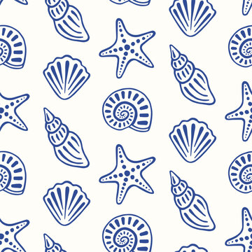 Sea shells seamless pattern. Marine background with shellfishes, sinks and starfishes. Hand draw design for wrapping paper, wallpaper, fabric, textile and etc. Vector illustration.