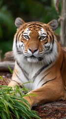 Naklejka premium Portrait of a majestic Bengal tiger resting amidst greenery, a beautiful close-up emphasizing its distinctive stripes and intense gaze.