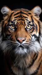 Fototapeta premium Close-up portrait of a captivating tiger with intense gaze, revealing the patterns on its fur against a dark backdrop
