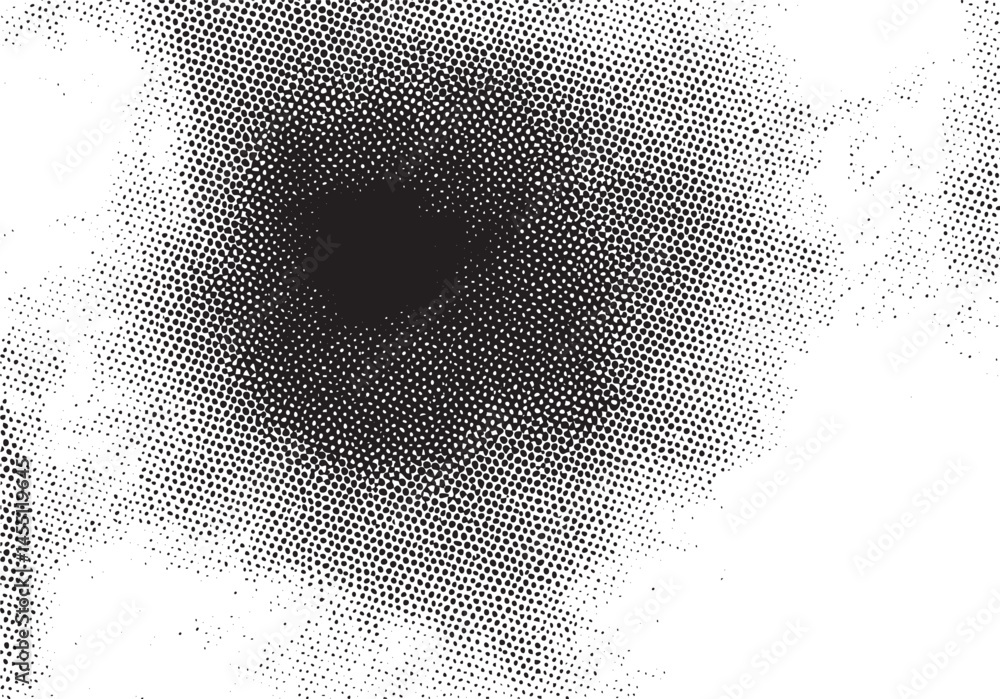 Poster a grayscale gradient transitions from dense black dots to sparse white dots creating a dynamic circu