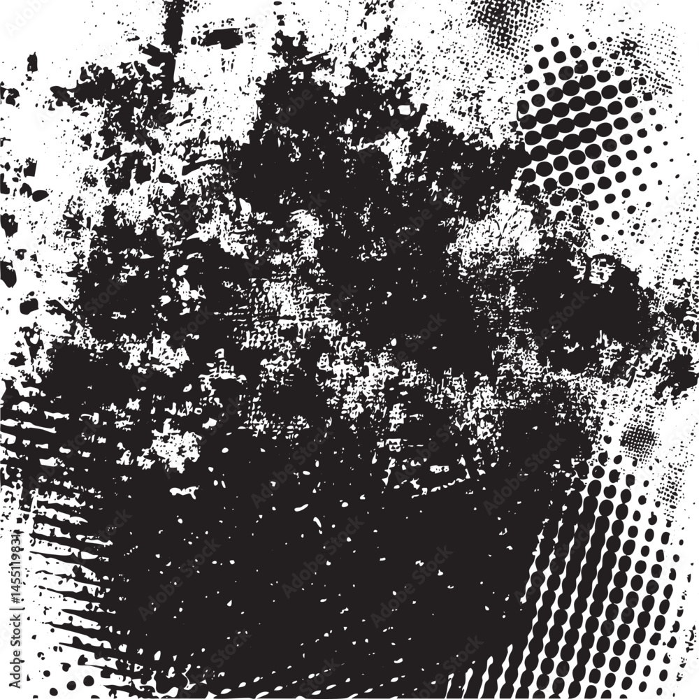 Poster a textured black splatter spreads across a dynamic halftone .