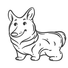 Cute corgi dog in cartoon doodle style, outlined in monochrome black. Big ears, short legs, fluffy tail, smiling. Perfect for coloring pages, stickers, pet designs, and kids decor.