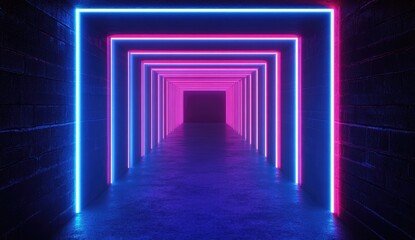Fototapeta premium Neon tunnel, glowing vibrant pink and blue rectangles, dark gray concrete walls