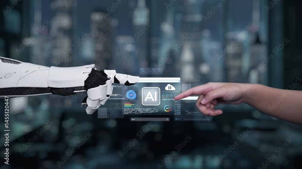 Aufkleber this video depicts a futuristic interaction between a human hand and a robotic arm, showcasing ai da