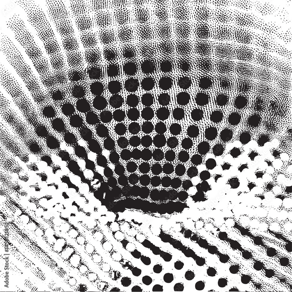 Poster a densely patterned monochromatic textile displays intricate circular formations.