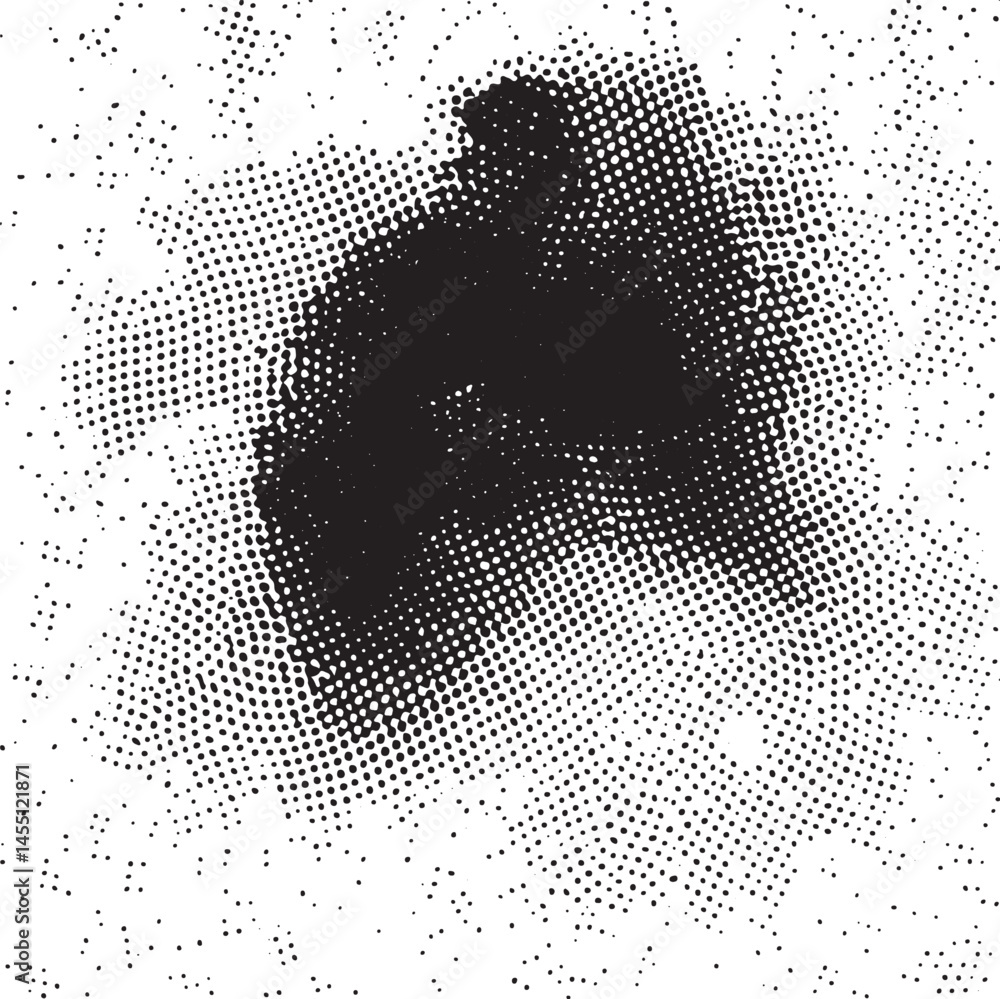 Poster a dark irregular shape dominates a textured white background filled with tiny dots.
