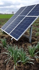 Fototapeta premium Solar panel installation in a rural field, generating green energy on an overcast day for sustainability and environmental awareness.