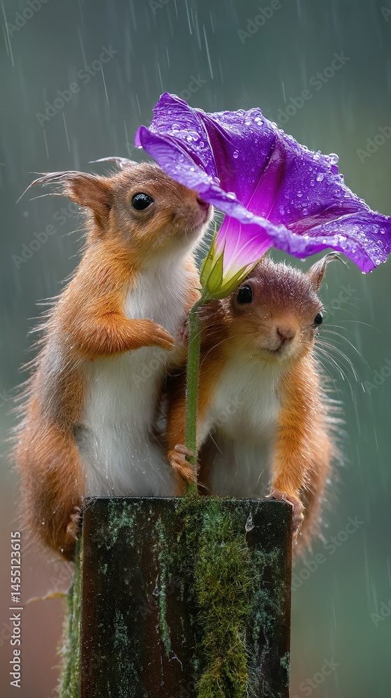 Poster a pair of tiny creatures perched on a fallen log with a vibrant bloom dangling from its beak