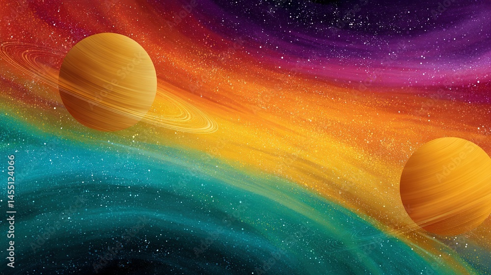 Poster two planets in space, with a rainbow swirl in the foreground and stars in the background