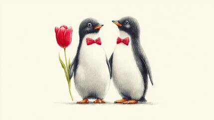 Fototapeta premium A pair of penguins stand together, a tulip in the foreground and a red tulip behind