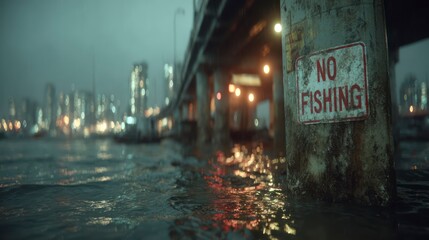 No Fishing Sign in Rainy Urban Night Scene with Reflections and City Lights