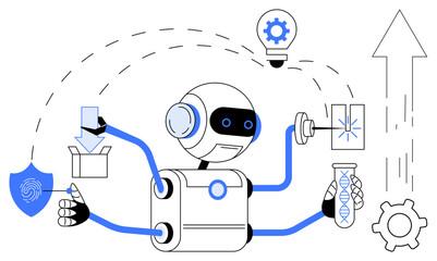 Robot with mechanical arms performing tasks thumbs up package handling, data analysis, and lab work. Ideal for technology, innovation, automation, AI, robotics efficiency science. Flat simple
