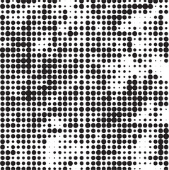 A grayscale portrait composed of numerous overlapping circular dots creates a textured abstract face.