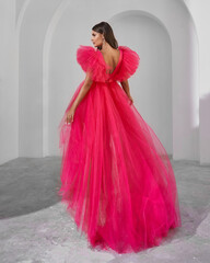Elegant Woman in Pink Tulle Dress Back View