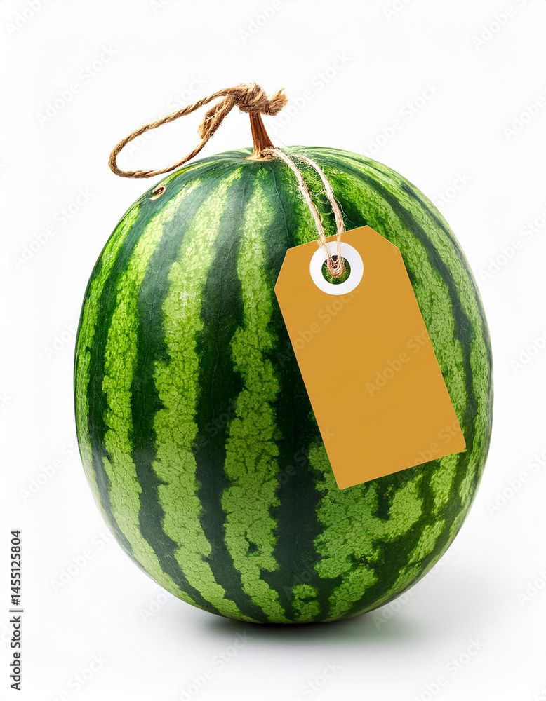 Poster watermelon with a blank tag tied with string, isolated on white background.