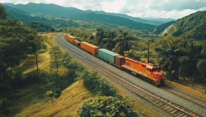 Obraz premium Freight train traversing the lush landscape of tropical mountains and valleys