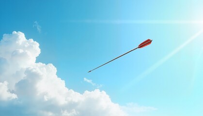 Arrow flying through a clear blue sky with fluffy white clouds, symbolizing speed and precision, concept of archery or sports equipment