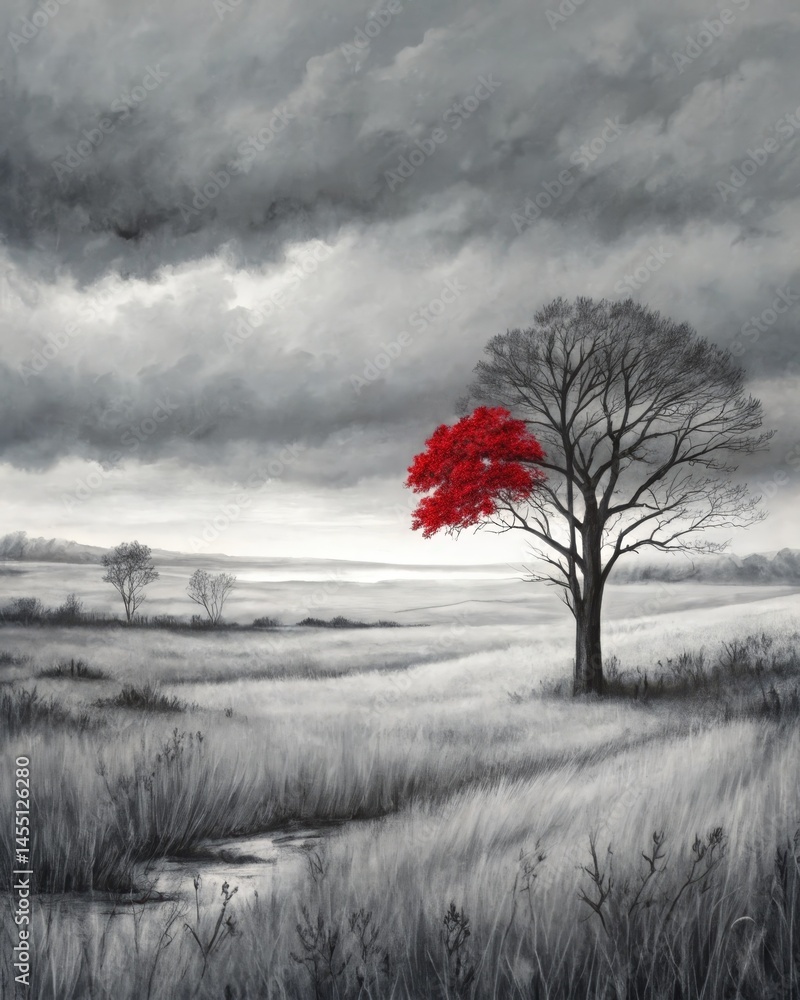 Poster a monochromatic landscape with a single splash of red demonstrating how emotion can leap into focus 