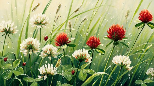   A vibrant painting of red and white flowers in a lush green meadow, adorned with water-kissed petals and ladybugs