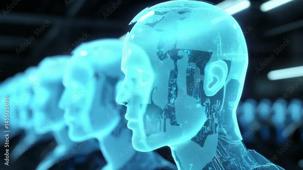 Poster futuristic artificial intelligence: digital heads and brains in a row, high tech concept