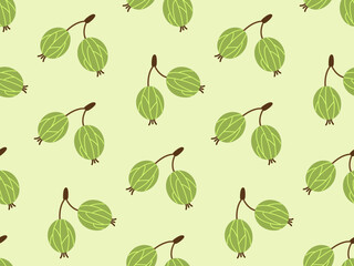 Gooseberry seamless pattern. Branches with green berries. Cute vector colorful background.