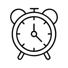 black and white outline icon of classic alarm clock with ringing bells, minimal symbol of sleep schedule, wake time and healthy bedtime routine