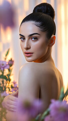 Light-skinned woman, with a bun hairstyle, posing, in a floral setting. Beautiful, elegant, and serene.