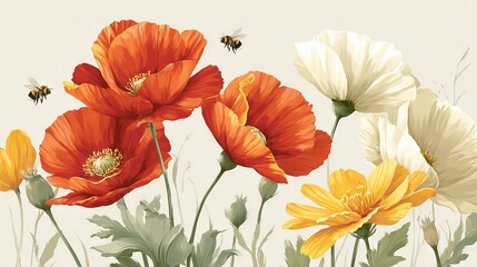   Orange and white flower painting with bees on top and bottom