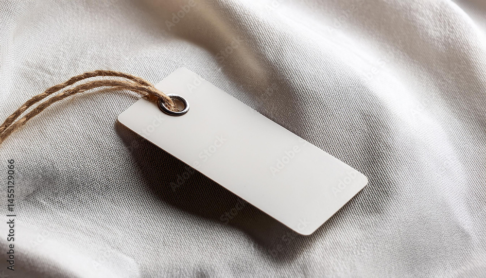 Aufkleber white tag with brown string on a white fabric surface, providing space for custom text.