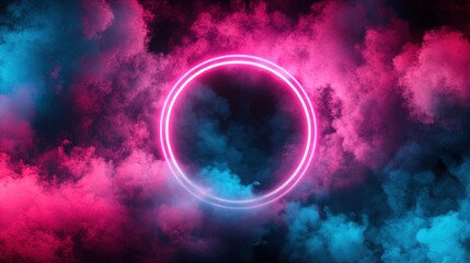 Obraz premium Vivid neon circle framed by swirling pink and blue smoke.