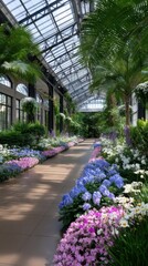 Botanical garden pathway with rows of colorful flowers and glass rooftop greenhouse structure with palm trees inside.