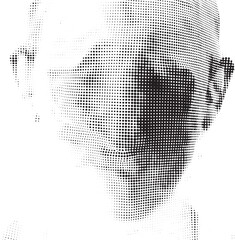 A stylized portrait depicts a human face constructed from numerous small dark dots creating a textured and abstract representation.