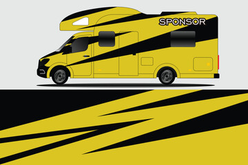 Yellow camper van with dynamic design on a grey background