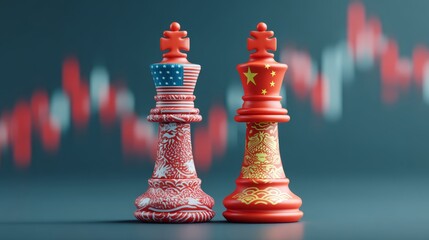 Us-china chess pieces against stock market background reflecting economic rivalry
