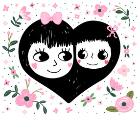 Cute mother and daughter vector floral design, with mom and child faces in a heart shape with pink flowers, Mother's Day greeting card or background