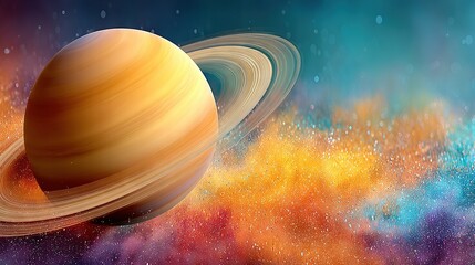 Fototapeta premium Planet Saturn, center, starry sky backdrop