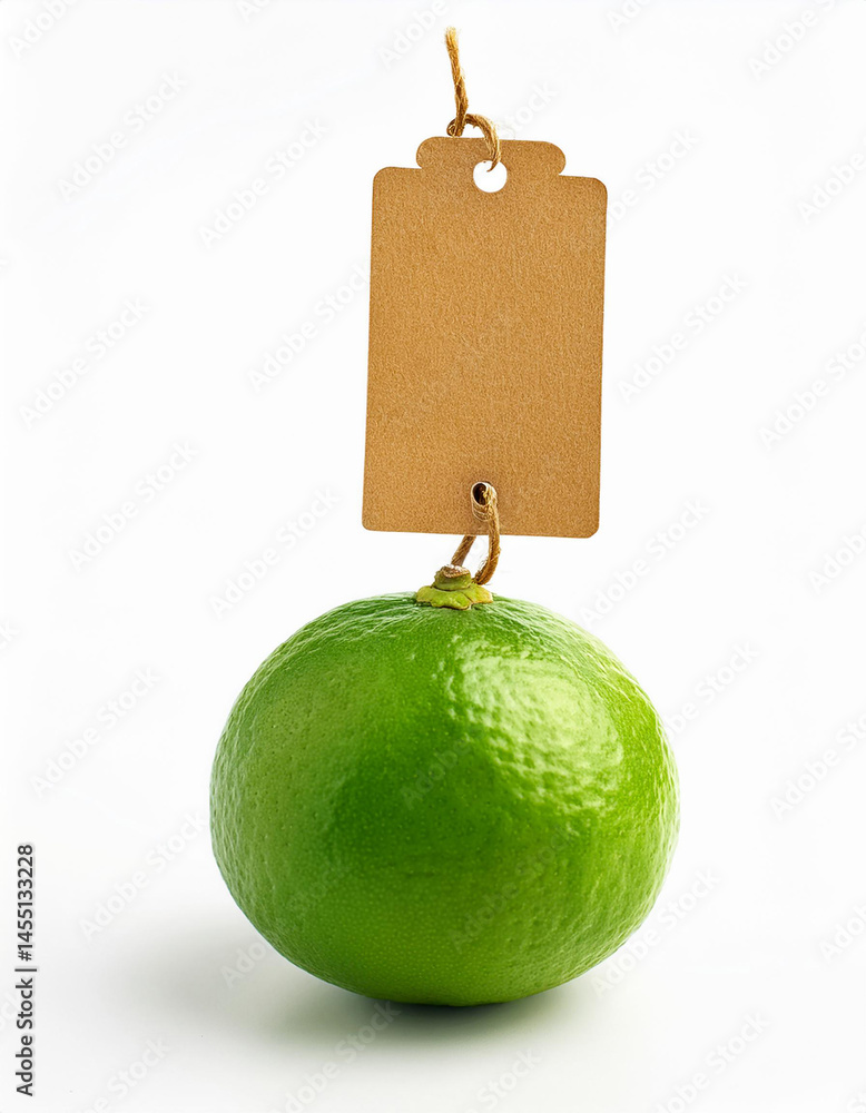 Poster fresh green lime with a blank brown tag attached by string, isolated on white.
