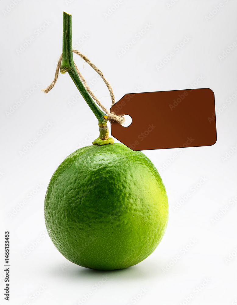 Poster fresh lime with stem and blank brown tag attached with twine on white background.