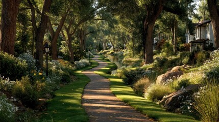 Serene Pathway Through Lush Gardens and Tranquil Waters Ideal for Relaxation and Nature Photog