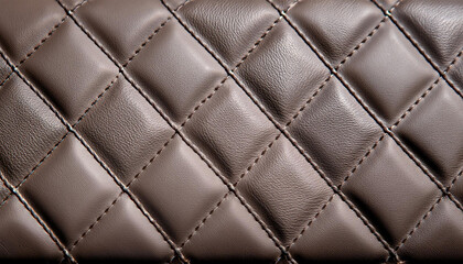 Close up of brown leather upholstery with diamond pattern and stitched seams.