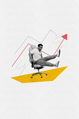 Fototapeta premium Creative collage image of happy young man sit chair on geometry figure arrows pastel background