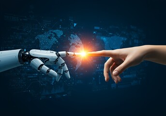Digital Genesis:  A human hand connects with a metallic robotic hand, symbolizing the intersection of human and technological evolution, set against a futuristic, globally-connected digital backdrop.
